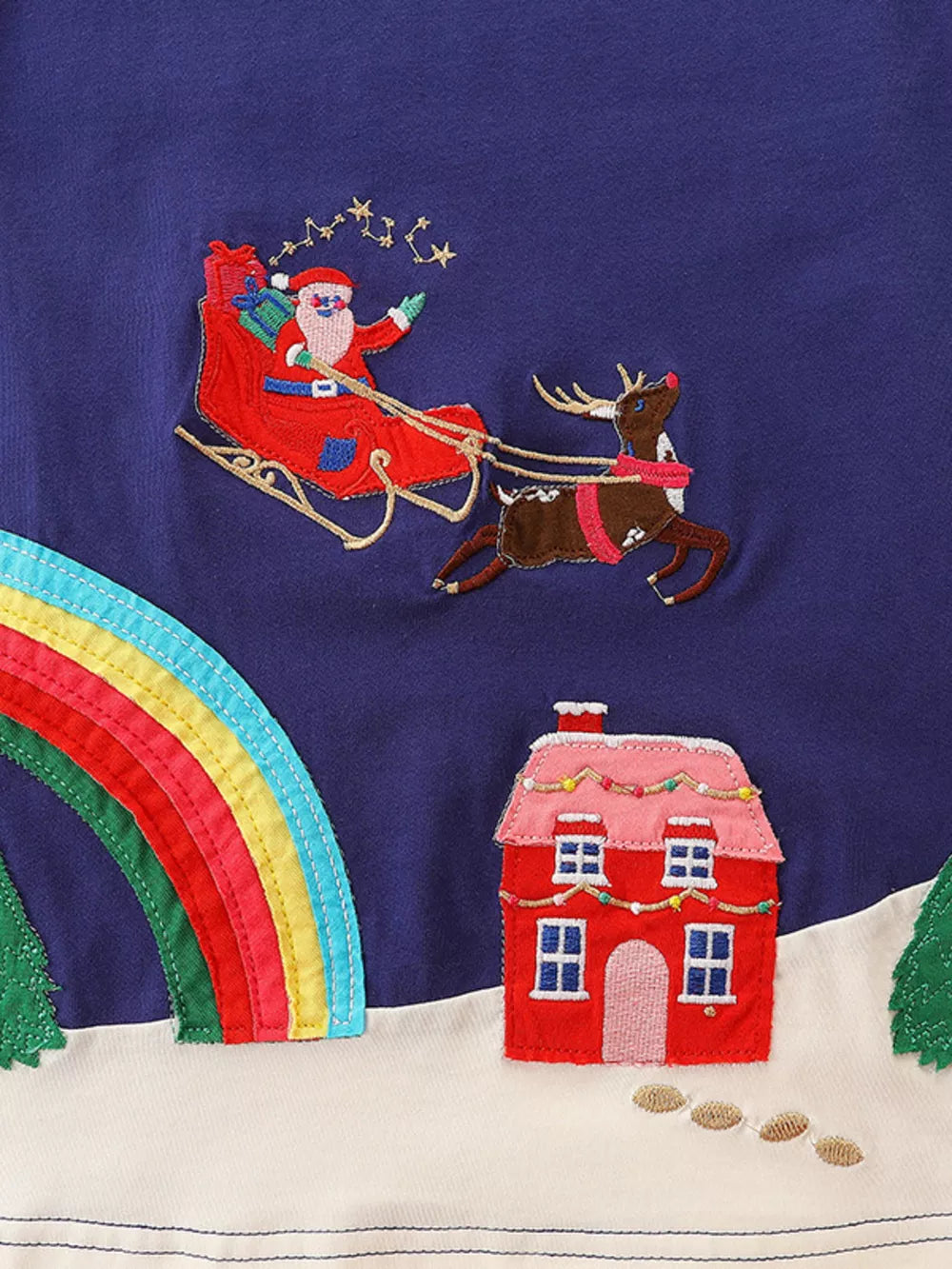 Toddler dress with Santa in sleigh, reindeer, rainbow, and house embroidery.