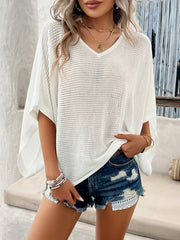 White open-knit dolman sleeve v-neck sweater with horizontal ribbing detail.