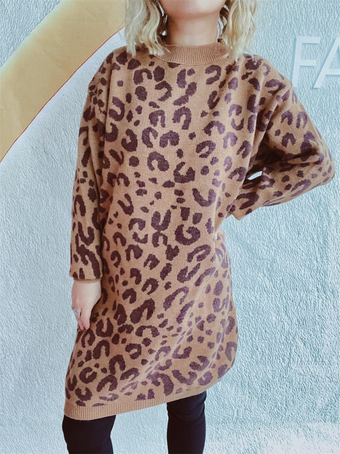 Leopard knit mini dress in caramel with long sleeves and crew neck.