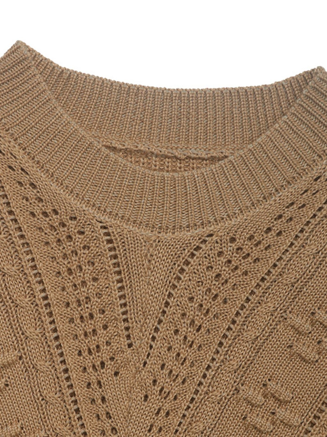 Camel textured chevron knit pullover sweater with open knit details and crew neck.