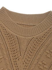 Camel textured chevron knit pullover sweater with open knit details and crew neck.