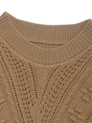 Camel textured chevron knit pullover sweater with open knit details and crew neck.