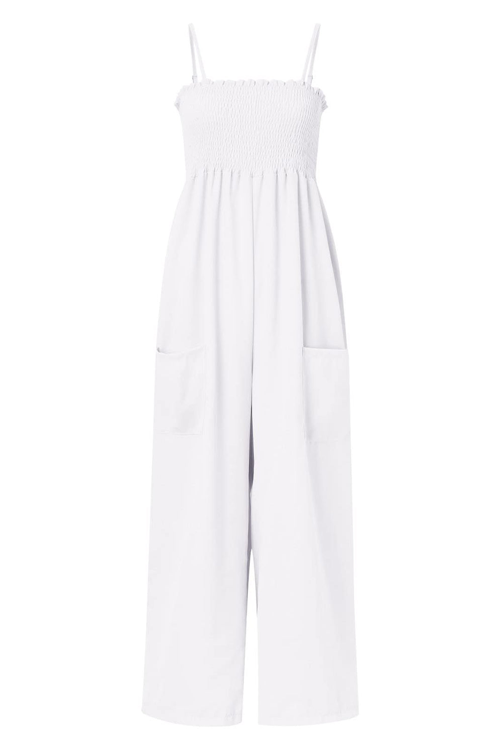 White smocked bodice palazzo jumpsuit with wide legs and side pockets.