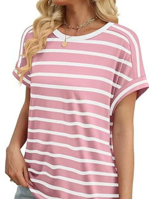Pink and white striped casual t-shirt with short sleeves and a white neckline.