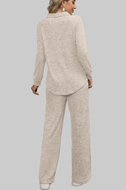 Ribbed knit lounge set in tan with collar and wide leg pants.