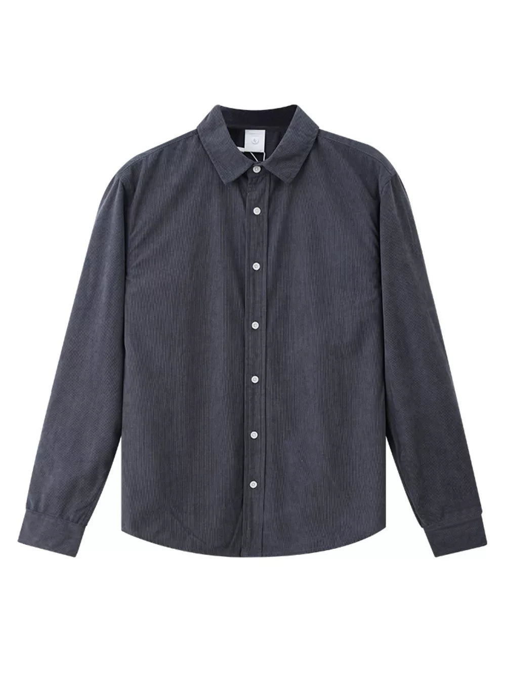 Gray corduroy long sleeve buttoned shirt with a classic collar.