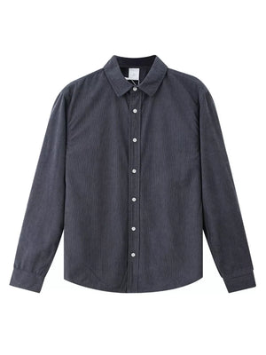 Gray corduroy long sleeve buttoned shirt with a classic collar.