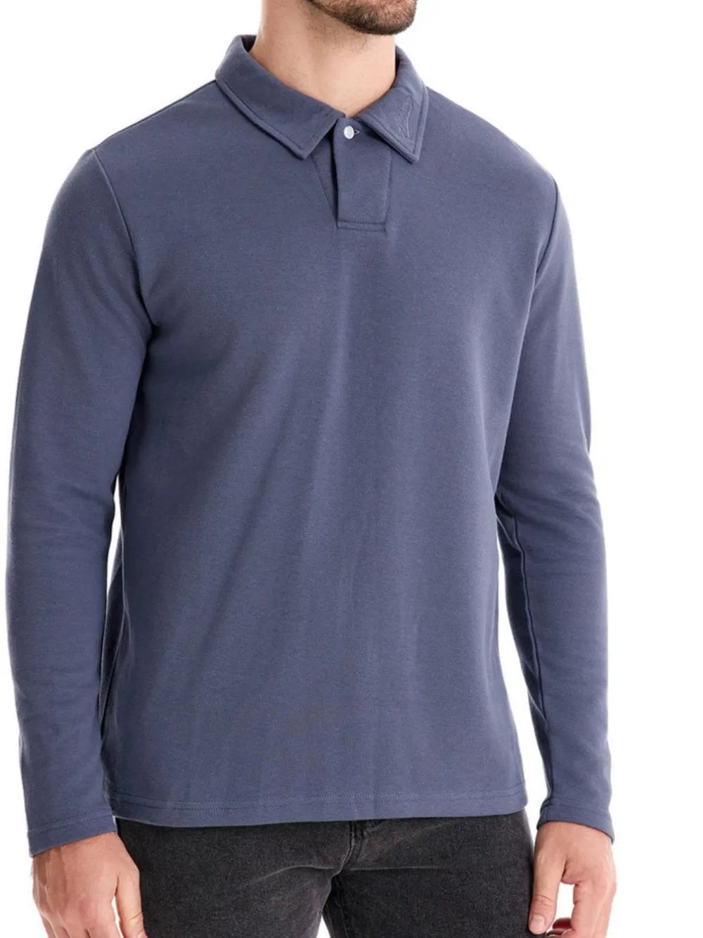 Essential long sleeve polo shirt in Dusty Blue with a classic collar detail.