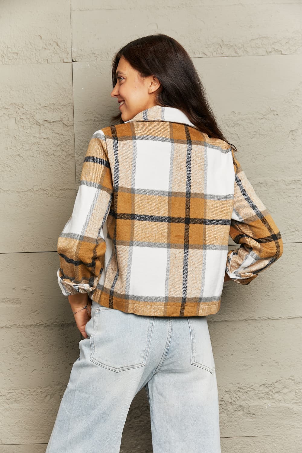 Checked plaid shacket in camel with contrast collar and buttoned cuffs.