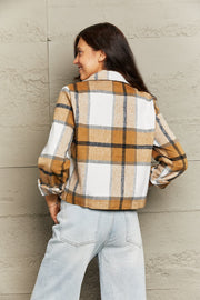 Checked plaid shacket in camel with contrast collar and buttoned cuffs.
