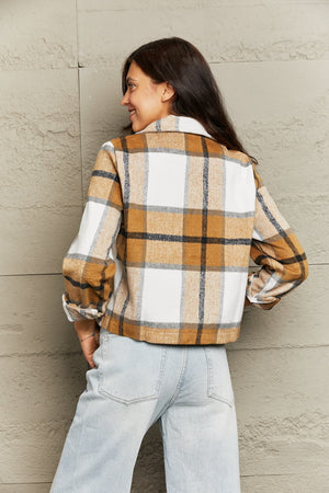 Checked plaid shacket in camel with contrast collar and buttoned cuffs.