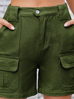 Army green denim cargo shorts with high waist and utility pockets.