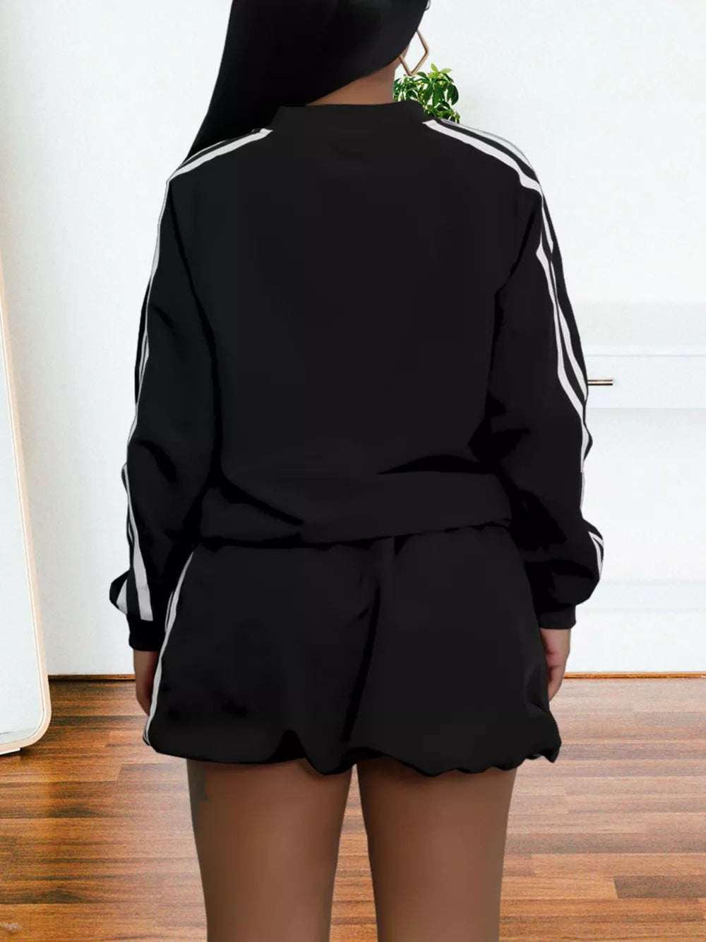 Striped Zip Up Outerwear And Shorts Set in Black, side view