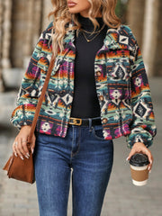 Southwestern sherpa button-up jacket in multicolor with tribal pattern, spread collar, and chest pockets.
