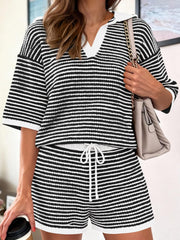 Black and white striped knit polo shirt and drawstring shorts set with white trim