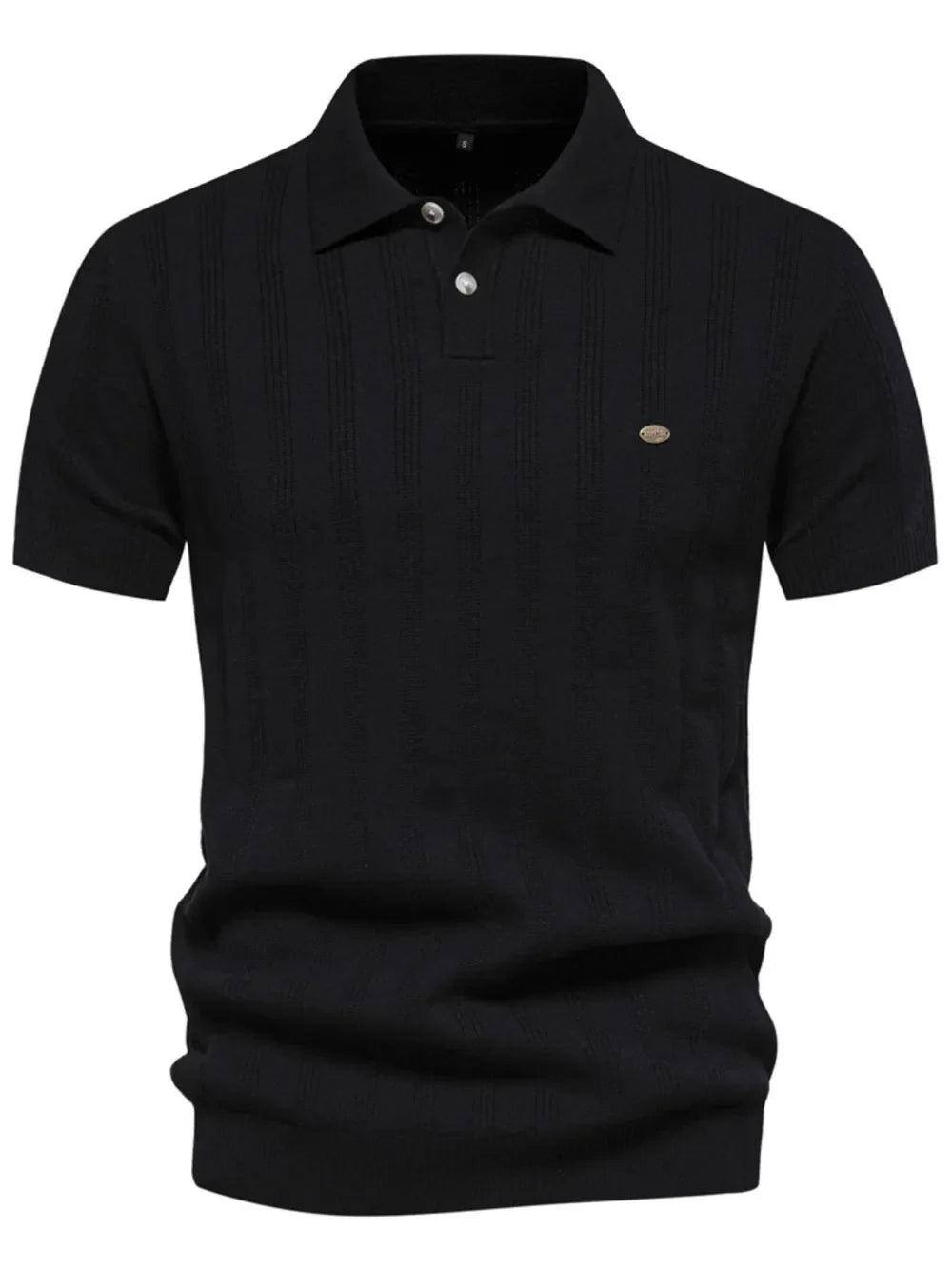 Black ribbed knit polo shirt with vertical texture detail and two-button placket.