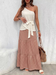 Cream one-shoulder top with tie waist and geometric maxi skirt set