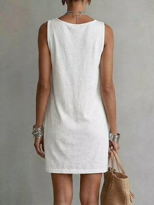 White sleeveless cowl neck mini dress with pockets, above knee length