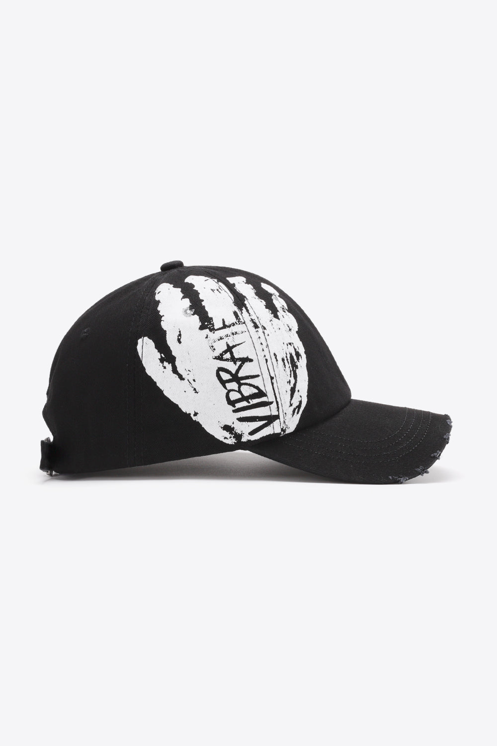 Black baseball cap with white VIBRA graffiti hand print and distressed brim.