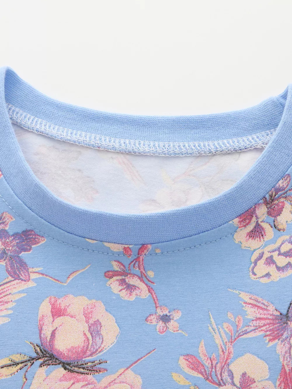 Baby dress with blue floral hummingbird print, cotton blend, round neck