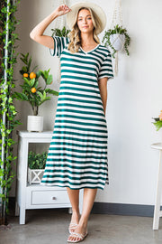 Striped jersey maxi dress with v-neck, short sleeves, and side slits.
