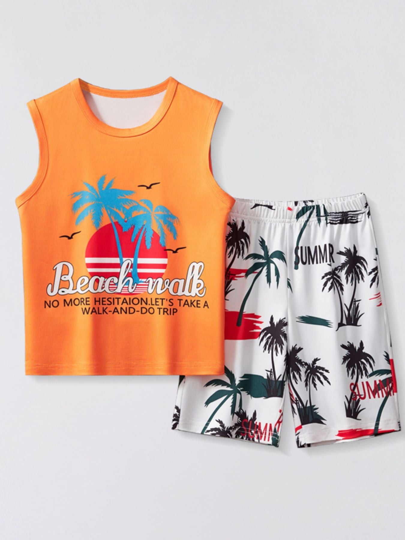 Orange graphic tank top and white palm tree print shorts set with elastic waistband.