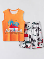 Orange graphic tank top and white palm tree print shorts set with elastic waistband.