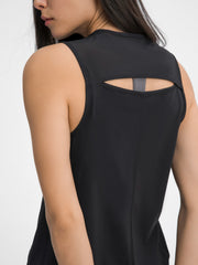 Black mesh-back performance tank top with cutout detail