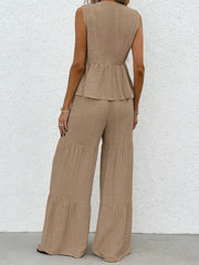 Beige ruffled peplum top with tiered wide-leg pants set