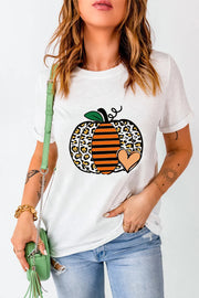 White graphic tee with leopard print and striped pumpkin, featuring a polka dot heart detail.