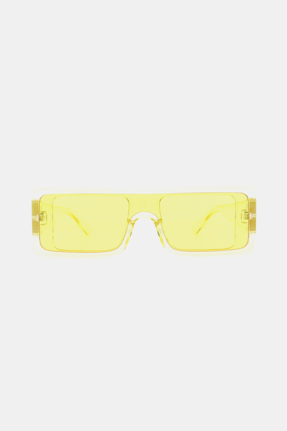 Neon yellow rectangular sunglasses with clear frames and a bold, flat top design.