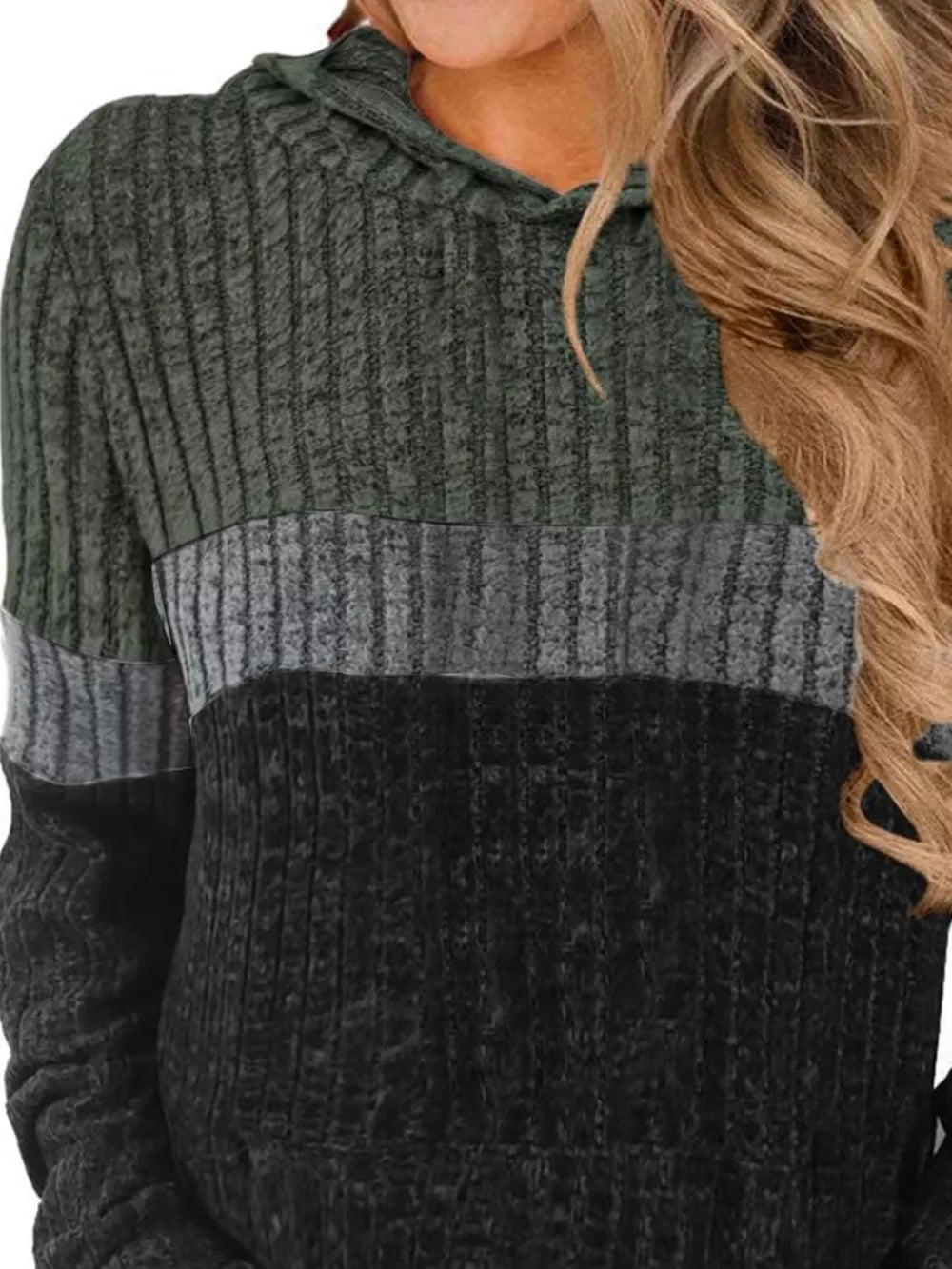 Color block ribbed knit hoodie in gray and black with a hood.