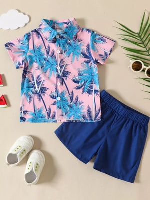 Baby boys pink cotton shirt with blue palm trees and navy shorts outfit