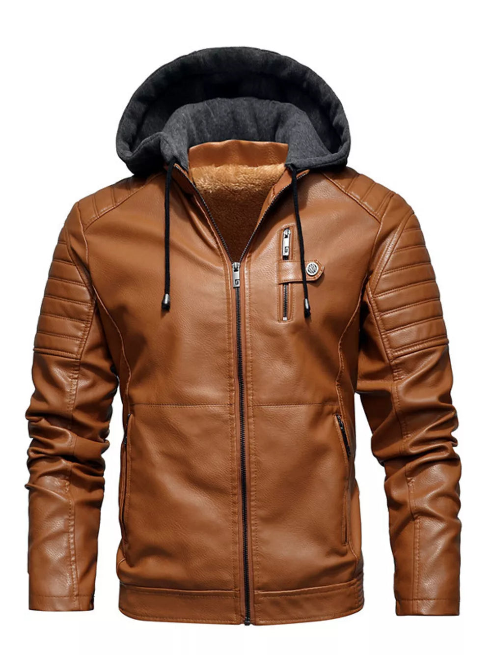 Earthy yellow faux-leather hooded jacket with ribbed details and zip pockets.