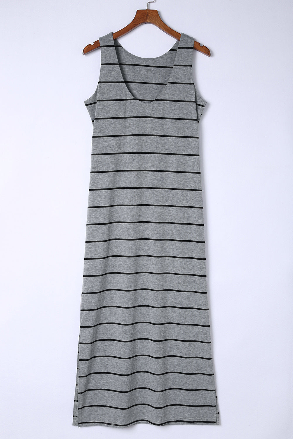 Charcoal horizontal stripe maxi dress with V-neck and slit hem