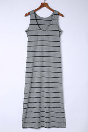 Charcoal horizontal stripe maxi dress with V-neck and slit hem