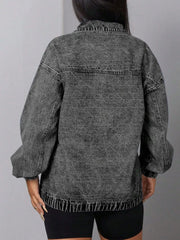 Dark gray acid wash denim sweatshirt with elastic hem and balloon sleeves.