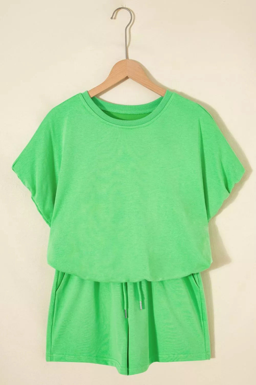Green cotton drawstring outfit set with crew neck top and shorts