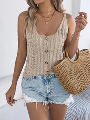 Button-front cable knit tank top in beige with a square neckline and button details.