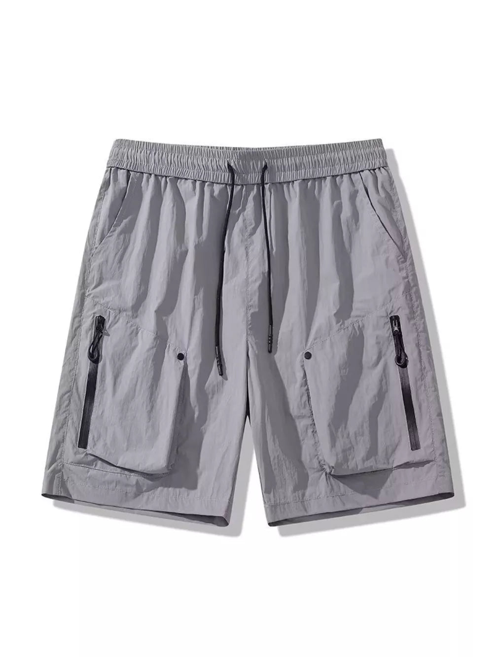 Grey lightweight cargo shorts with drawstring and zipper pockets