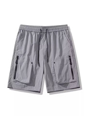 Grey lightweight cargo shorts with drawstring and zipper pockets