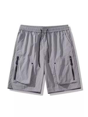 Grey lightweight cargo shorts with drawstring and zipper pockets
