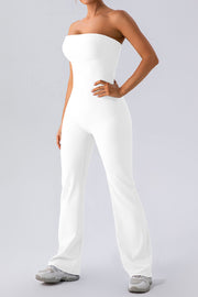 White ribbed bandeau flare leg jumpsuit with a casual, basic style.