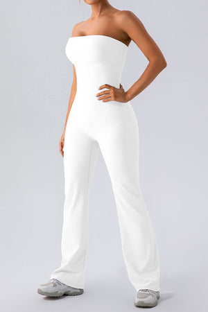 White ribbed bandeau flare leg jumpsuit with a casual, basic style.