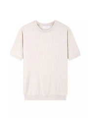 Men's beige crew neck t-shirt with short sleeves and a subtle textured knit.