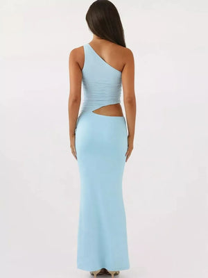 Light blue one-shoulder maxi dress with ruched detail and cutout side.