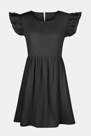 Black denim babydoll dress with ruffled short sleeves and elastic waist