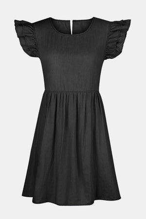 Black denim babydoll dress with ruffled short sleeves and elastic waist