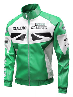Green and white color block moto jacket with "CLASSIC" graphic details and a stand collar.