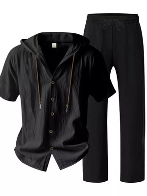 Black linen blend hooded short sleeve top and drawstring pants ensemble.